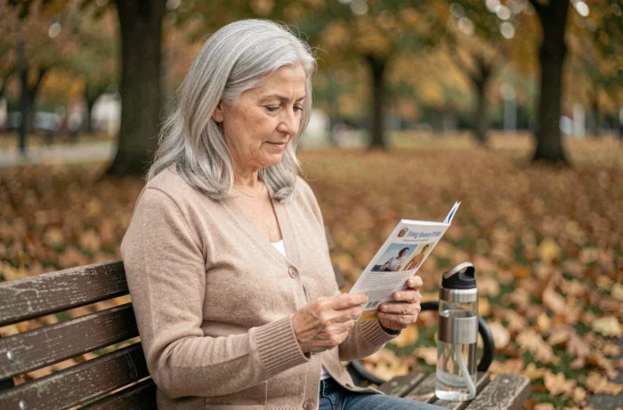 Femme âgée lisant un document sur la santé dans un parc en automne, adoptant un mode de vie préventif