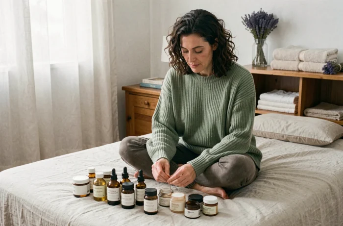 Femme explorant des produits de soin naturels et huiles botaniques disposés sur un lit en lin, tendances beauté naturelle