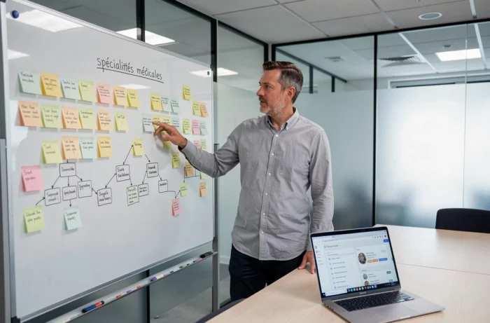 Stratège en contenu médical présentant une architecture de site sur tableau blanc
