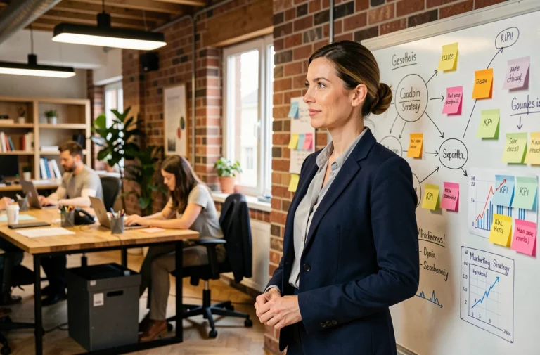 Responsable marketing d'une PME présentant des stratégies de croissance sur un tableau blanc dans un bureau moderne