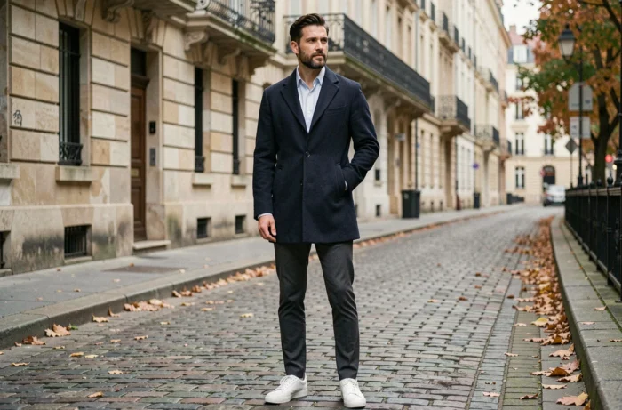 Homme stylé en manteau marine structuré et sneakers blanches posant dans une rue pavée aux façades européennes en automne