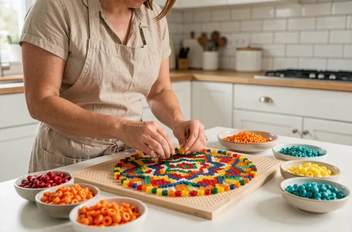 Femme créant un sun catcher coloré avec des perles fondues sur une planche perforée