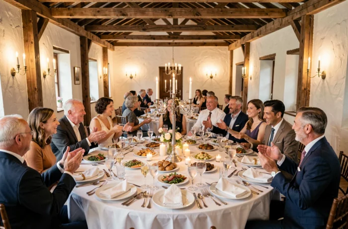 Table de fête élégamment dressée avec des invités en pleine conversation lors d'un retour de noces en intérieur rustique