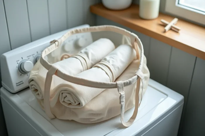 Tabliers de cuisine roulés et attachés placés dans un filet de lavage sur un lave-linge blanc