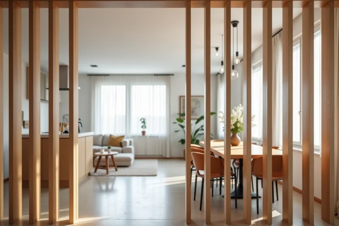 Claustra intérieur en tasseaux de bois chêne servant de séparation de pièce dans un appartement moderne