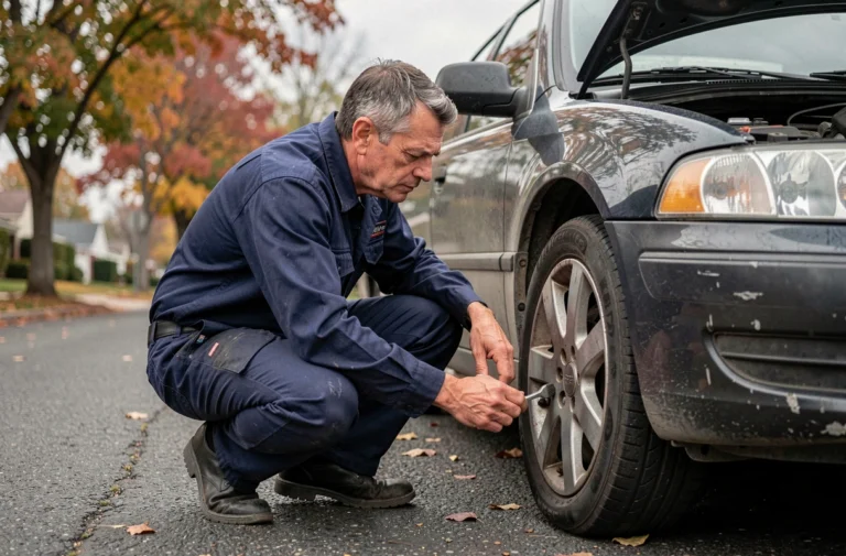 Technicien de dépannage automobile en intervention sur le bord de la route, examinant une voiture en panne