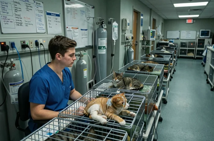 Technicien vétérinaire en service de nuit surveillant des animaux en convalescence dans des cages médicalisées