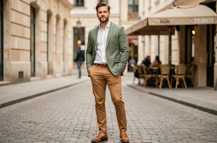 Homme élégant en blazer sage-green et chino camel dans une rue européenne pavée, style mode homme tendance 2024