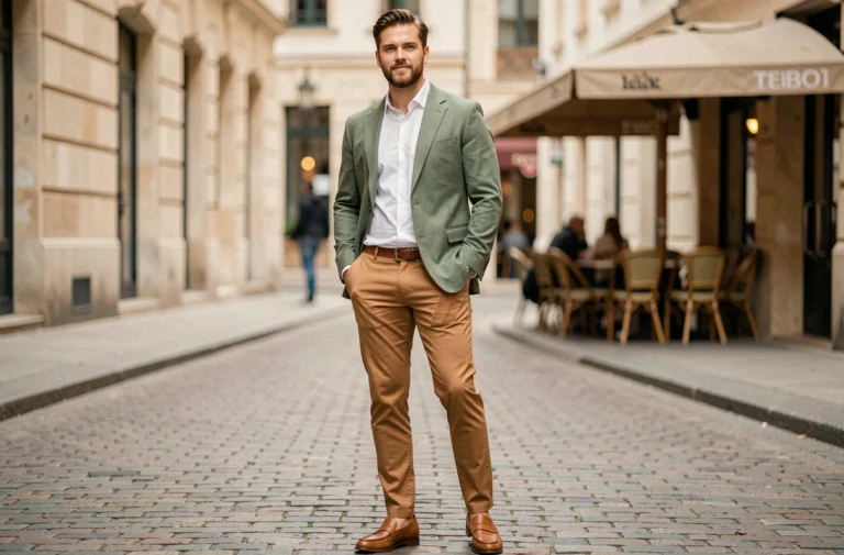 Homme élégant en blazer sage-green et chino camel dans une rue européenne pavée, style mode homme tendance 2024