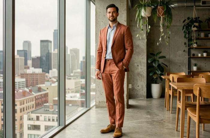 Homme raffiné en costume lin terracotta près d'une grande fenêtre dans un espace de travail moderne, mode homme tendance 2024 style professionnel