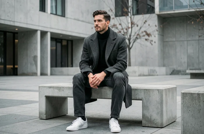 Homme moderne en manteau charcoal oversize et turtleneck noir dans un espace urbain contemporain, tendances mode homme automne-hiver 2024