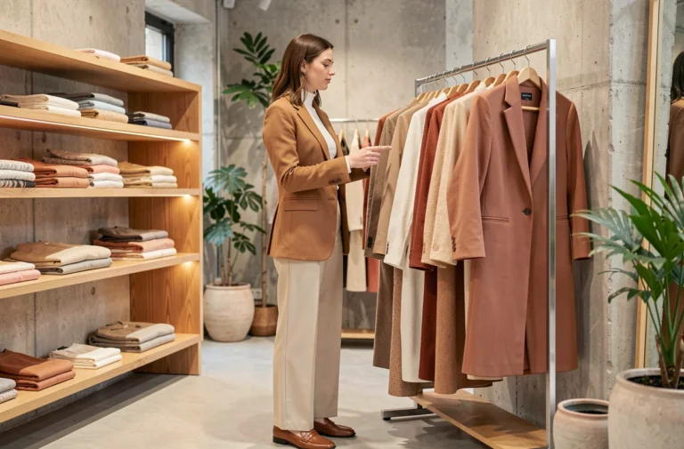 Jeune femme élégante en blazer camel et pantalon large ecru faisant du shopping dans une boutique de mode parisienne minimaliste