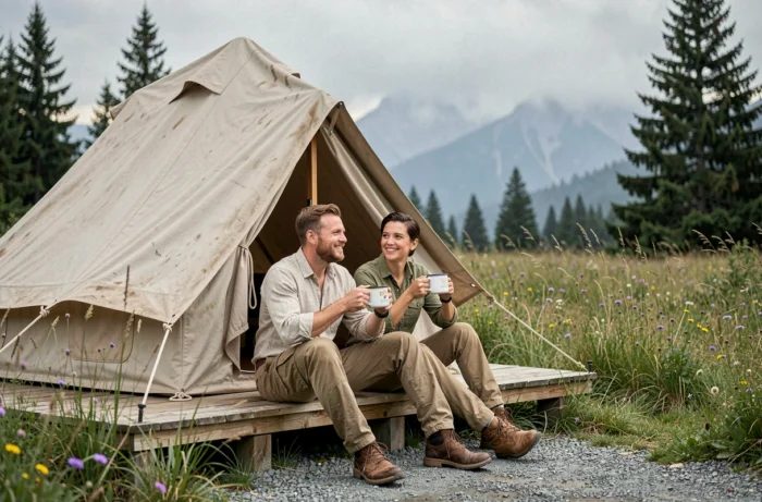 Couple assis devant une tente bell tent en toile dans une prairie fleurie avec vue sur les montagnes, camping insolite nature