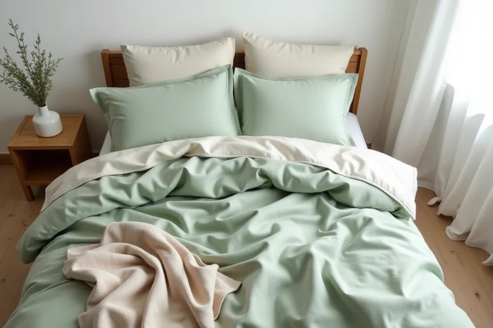 Lit habillé de textiles en lin et coton lavé dans des tons sauge et avoine pour un intérieur léger et aérien
