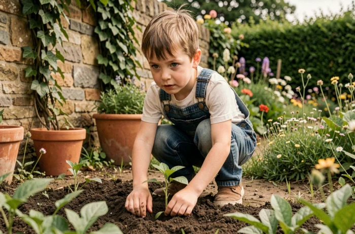 Jeune garçon aux pouces verts dans un jardin fleuri, illustration du roman Tistou les pouces verts pour enfants