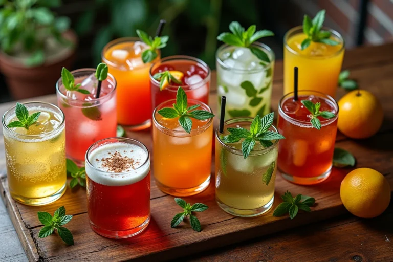 Sélection de dix boissons en H disposées sur une table en bois, incluant cocktails colorés, infusions et lattes garnies d'herbes et de fleurs