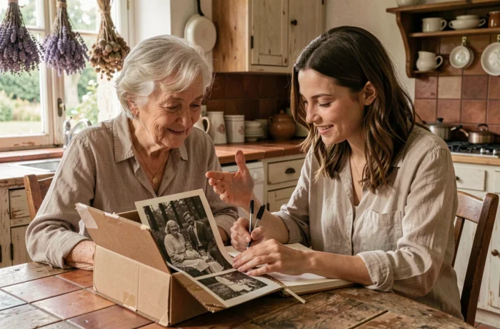 Deux femmes de générations différentes échangeant des photographies familiales anciennes pour retracer leurs origines communes