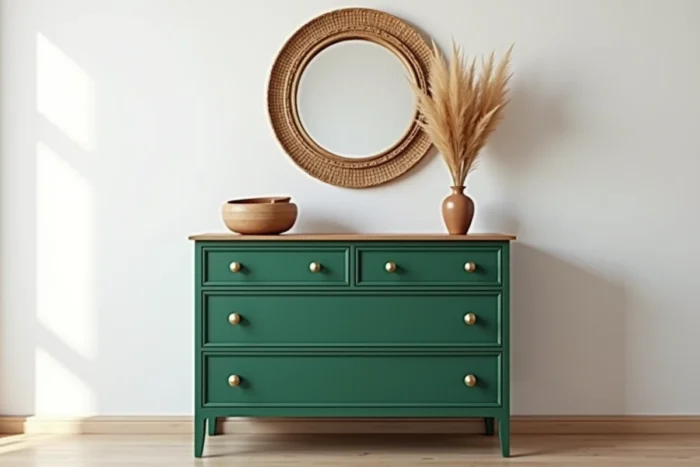 Meuble chiné upcyclé peint en vert forêt mat avec nouveaux boutons en laiton brossé dans un couloir