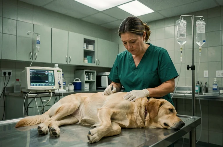Vétérinaire surveillant un chien endormi sur une table d'examen dans une clinique vétérinaire la nuit