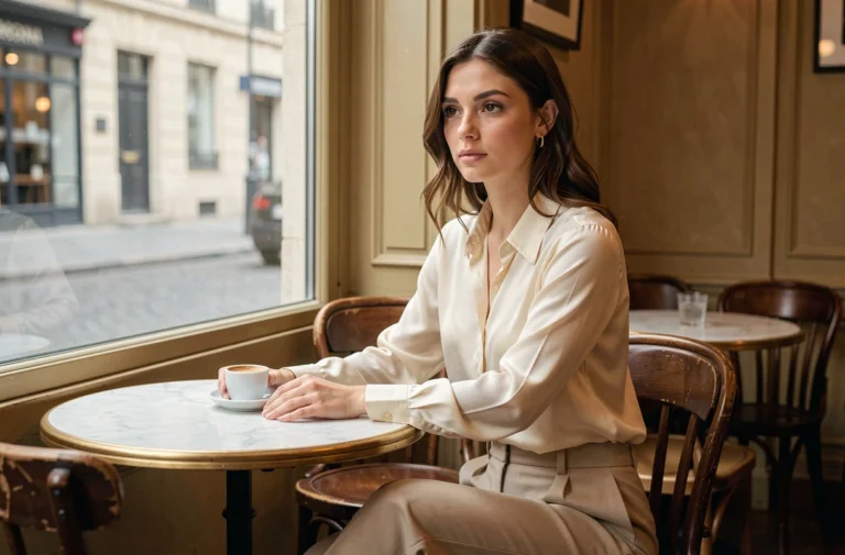 Femme élégante assise seule dans un café parisien, regard pensif évoquant l'intimité et la vie privée