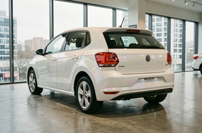 Volkswagen Polo 6 en finition blanc nacré exposée dans un showroom automobile moderne avec sol en béton poli