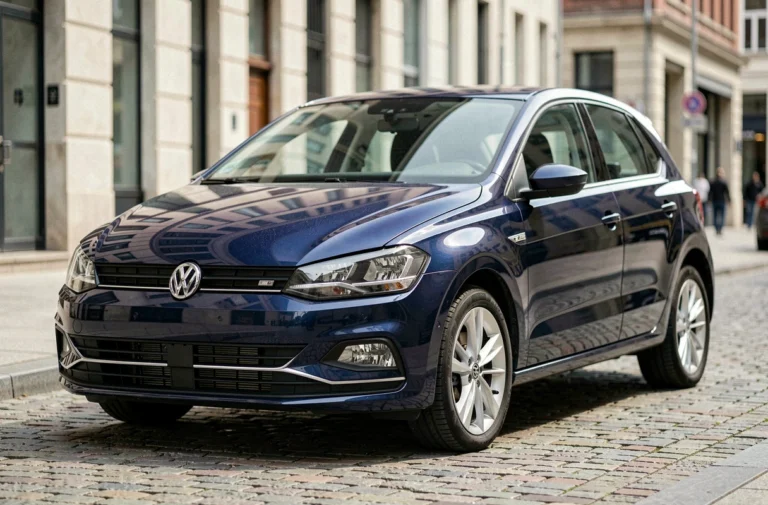 Volkswagen Polo 6 en finition bleu métallisé profond garée sur un pavé urbain, vue de trois quarts avant