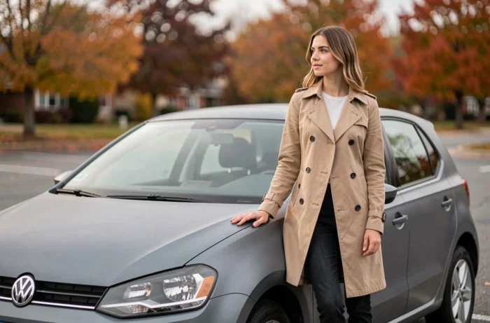 Jeune femme en manteau beige appuyée sur une Volkswagen Polo 6 en finition gris mat dans un parking suburban entouré d'arbres d'automne