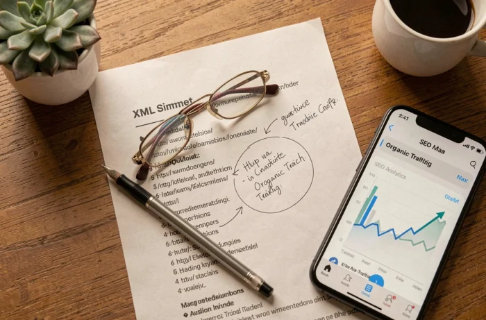 Vue de dessus d'un sitemap XML médical annoté sur un bureau avec smartphone affichant des statistiques SEO